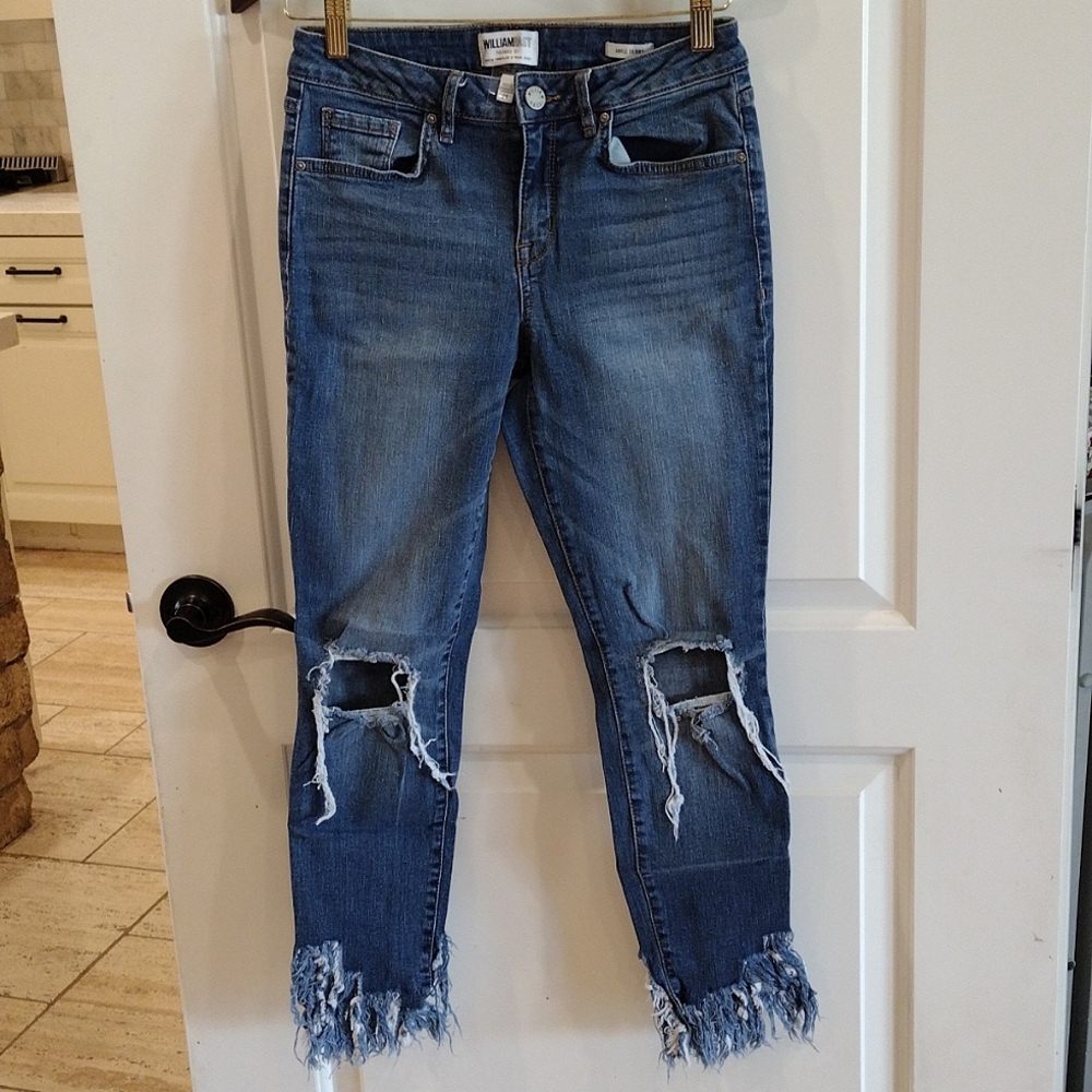 William Rast Ankle Skinny Jeans Size 27 Medium Wash Distressed Raw Fringe Hem